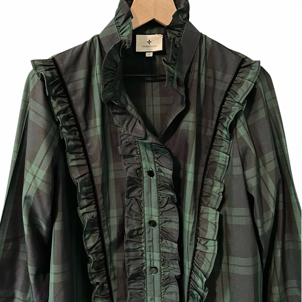 Tuckernuck Blackwatch Plaid Raegan Ruffle Button Down Shirt Womens L - Picture 3 of 6